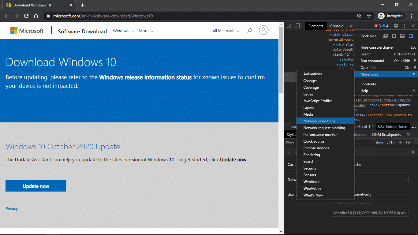 Menu > More Tools > Network Conditions