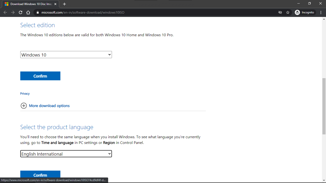 Windows 10 Download Conformation Page
