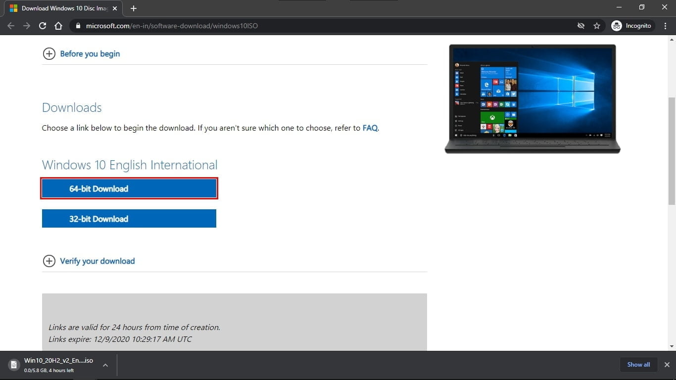 Windows 10 Download page